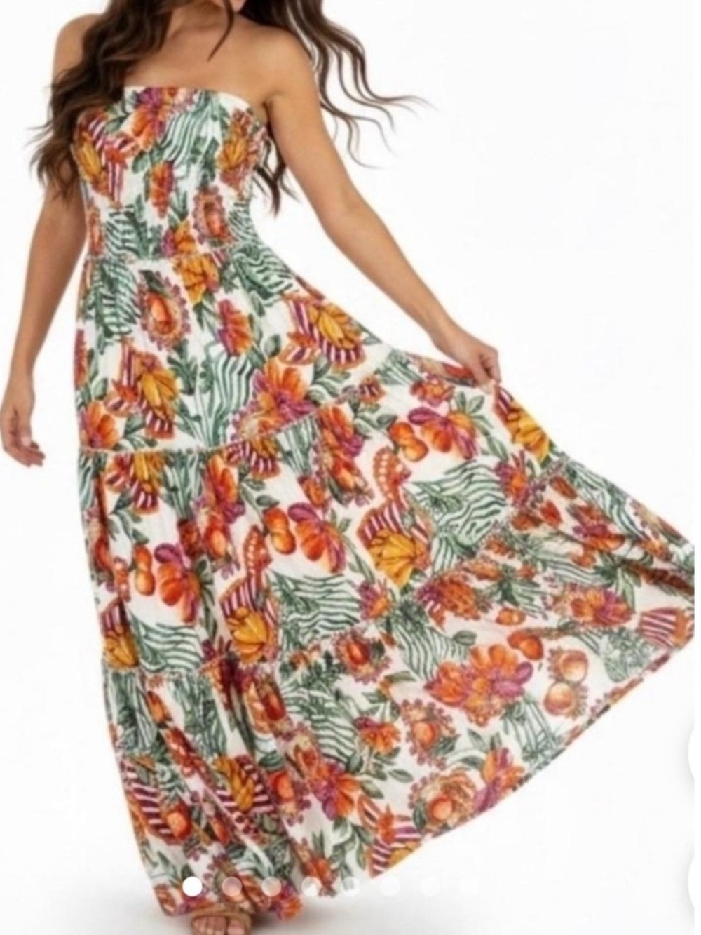 Women’s Strapless Floral Maxi Dress in White and Orange